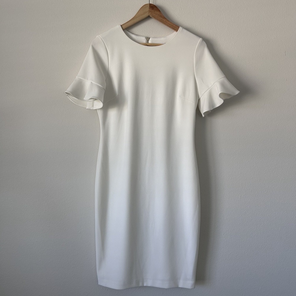 CALVIN KLEIN Womens White Lined Ruffle Flounce Sleeve Sheath Dress 8